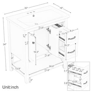 30 in. W x 18 in. D x 34 in. H Single Sink Bath Vanity in White with White Ceramic Top, Open Shelf, 2-in-1 Drawer