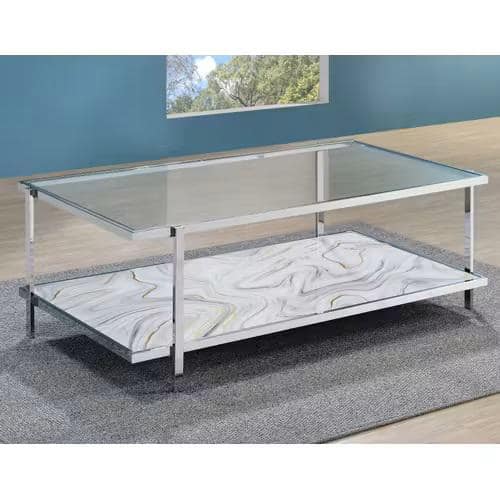 Mika 50" Rectangular Glass and Chrome Coffee Table with Faux-Stone Shelf