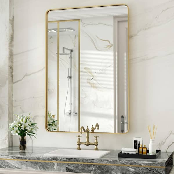 PAIHOME 16 in. W x 24 in. H Small Rectangular Stainless Steel Framed Mirror Wall Mirror Bathroom Vanity Mirror in Brushed Gold