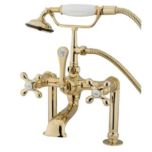 3-Handle Deck-Mount High-Risers Claw Foot Tub Faucet with Handshower in Polished Brass