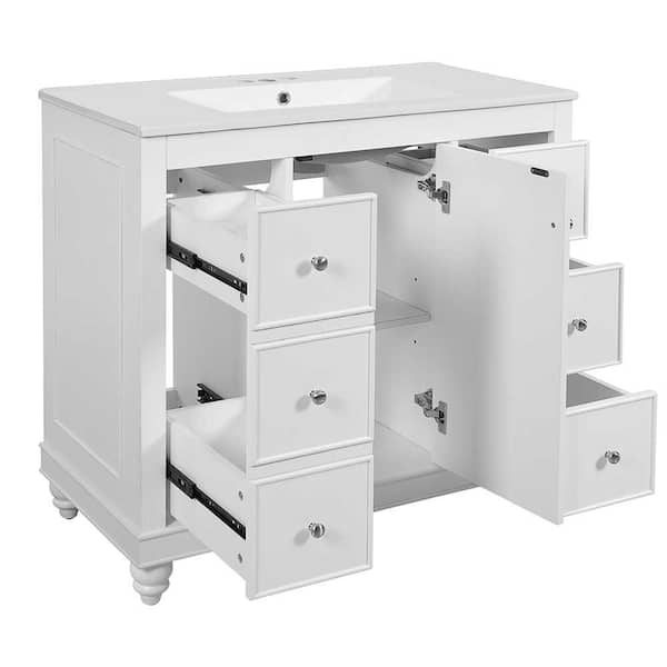 36 in. W x 18 in. D x 34 in. H Single Sink Bath Vanity in White with White Resin Integrated Top, 4 Drawers and 1 Door