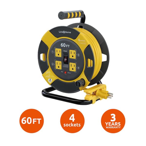 Reviews for Link2Home 50 ft. Heavy-Duty Professional Grade Metal Cord Reel  - High Visibility 12 AWG SJTW Extension Cord with 4 Power Outlets