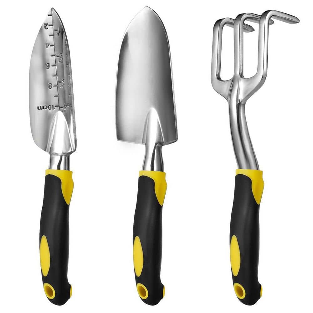 Yellow 3-Piece Garden Tool Set with Hand Trowel, Transplant Trowel and Cult