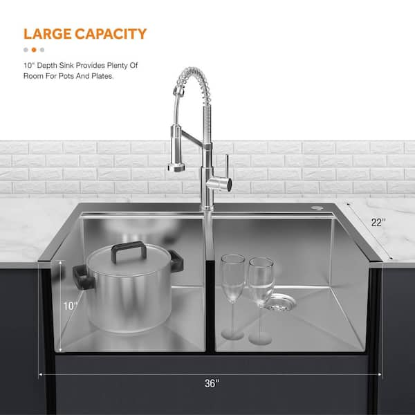 Glacier Bay Zero Radius Farmhouse/Apron-Front 16g Stainless Steel 36 in. Single Bowl Workstation Kitchen Sink with Accessories, Silver