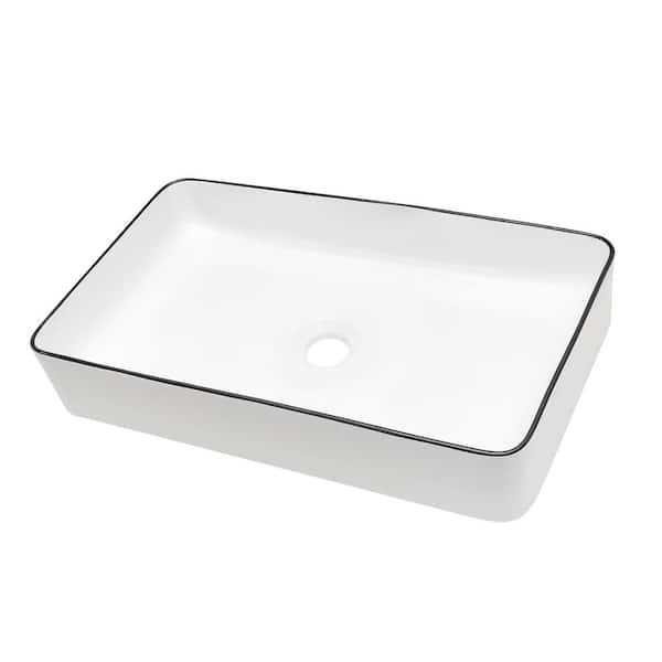 Sarlai 24 in. White Ceramic Rectangular Vessel Sink Bathroom Basin without Faucet, Black