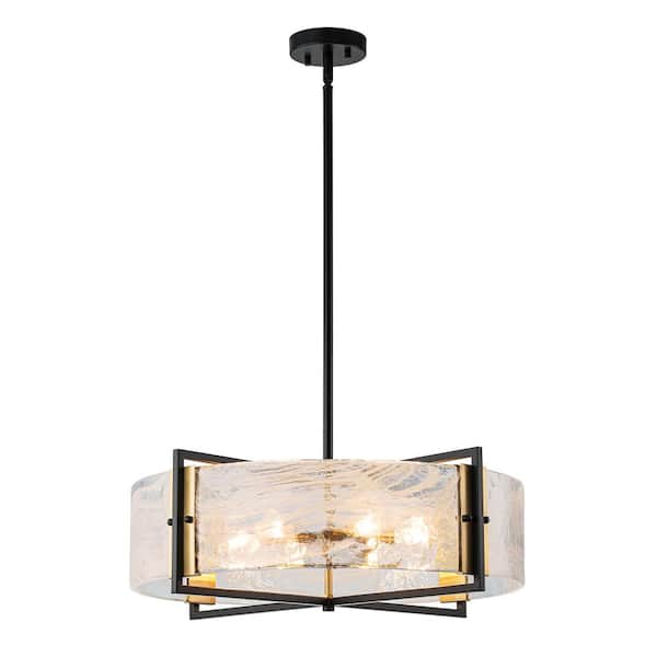 6-Light Black & Gold Finish Modern Farmhouse Drum Pendant Chandelier for Foyer with White Cloud Glass ,No Bulb Included