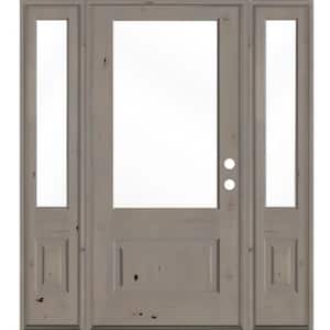 64 in. x 80 in. Farmhouse Knotty Alder Left-Hand 3/4-Lite Clear Glass Grey Stain Wood Prehung Front Door with DSL