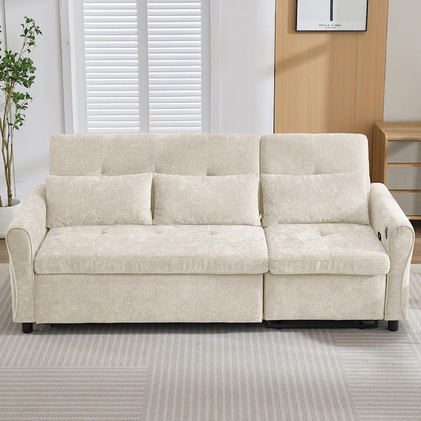 82 in. W 2-in-1 Beige 3-Seater Sofa Bed with a Reversible Recliner Sofa and 2 USB Ports