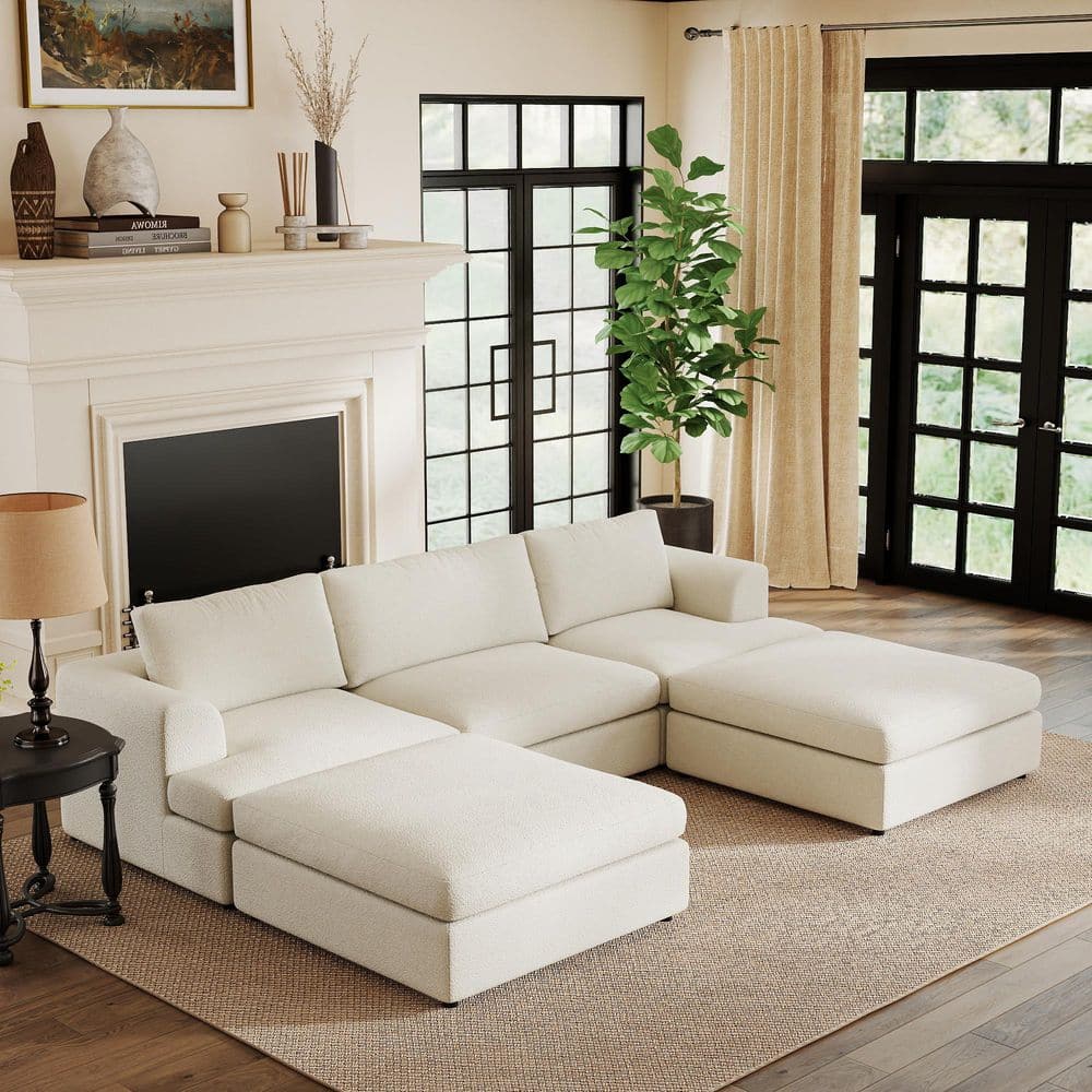118.1 in. Square Arm 5-piece Boucle Fabric Modular Free Combination Sectional Sofa with Ottomans for Living Room Beige