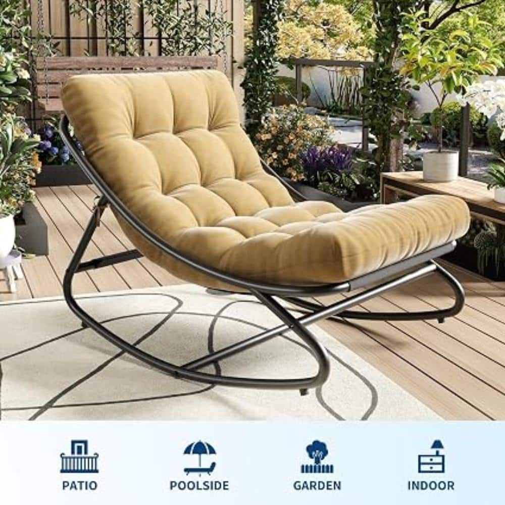 Modern patio rocking chair with thick brown cushions on an outdoor deck.