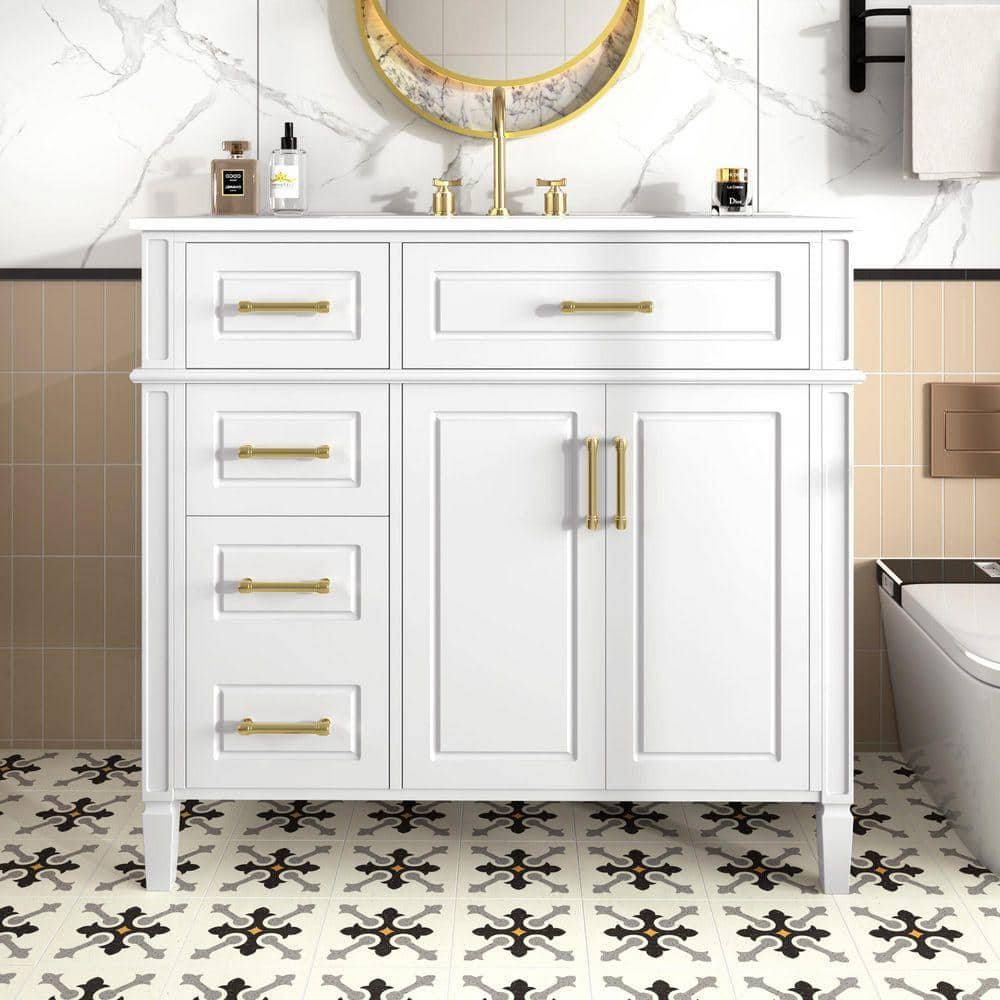 FAMYYT 36 in. W Freestanding White Pinewood Bath Vanity with White