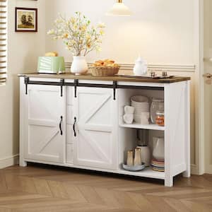 White 55.1 in. Farmhouse Wood Sideboard Buffet with Sliding Barn Doors, 4 Drawers and Power Outlet