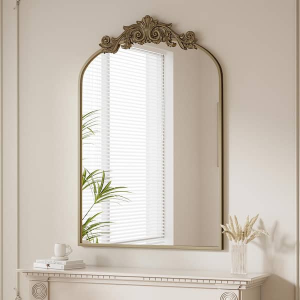 XRAMFY 24 in. W x 35.8 in. H Arched Bronze Metal Framed with Carved Decoration Vanity Mirror Wall Mirror