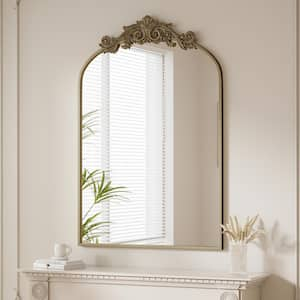 26 in. W x 37.8 in. H Arched Bronze Metal Framed with Carved Decoration Vanity Mirror Wall Mirror