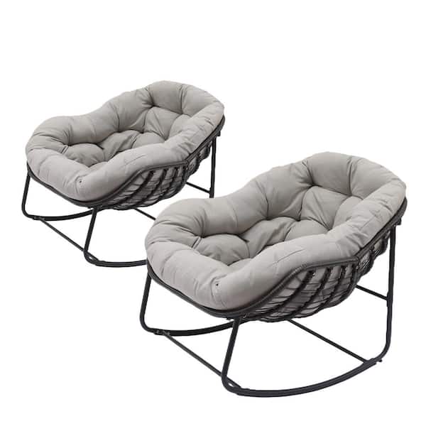 Cesicia Grey Metal Outdoor Rocking Chair with Light Grey Cushions (2-Pack)