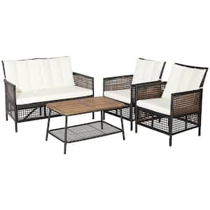 4-Piece Wicker Patio Conversation Set with Off White Cushions and 2-Tier Coffee Table