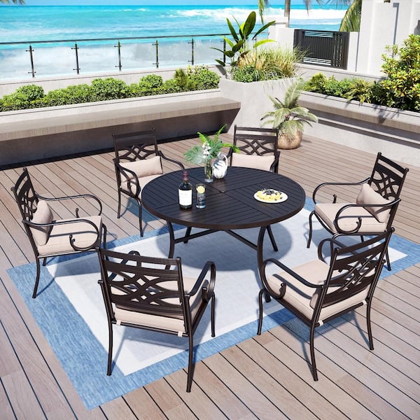 PHI VILLA 7-Piece Black Metal Patio Outdoor Dining Set with Round Table and Stationary Chair with Beige Cushions