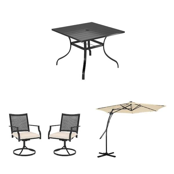 10 ft. Cantilever Umbrella with LED, Patio Table, and Swivel Dining Chairs Set (4 Piece)