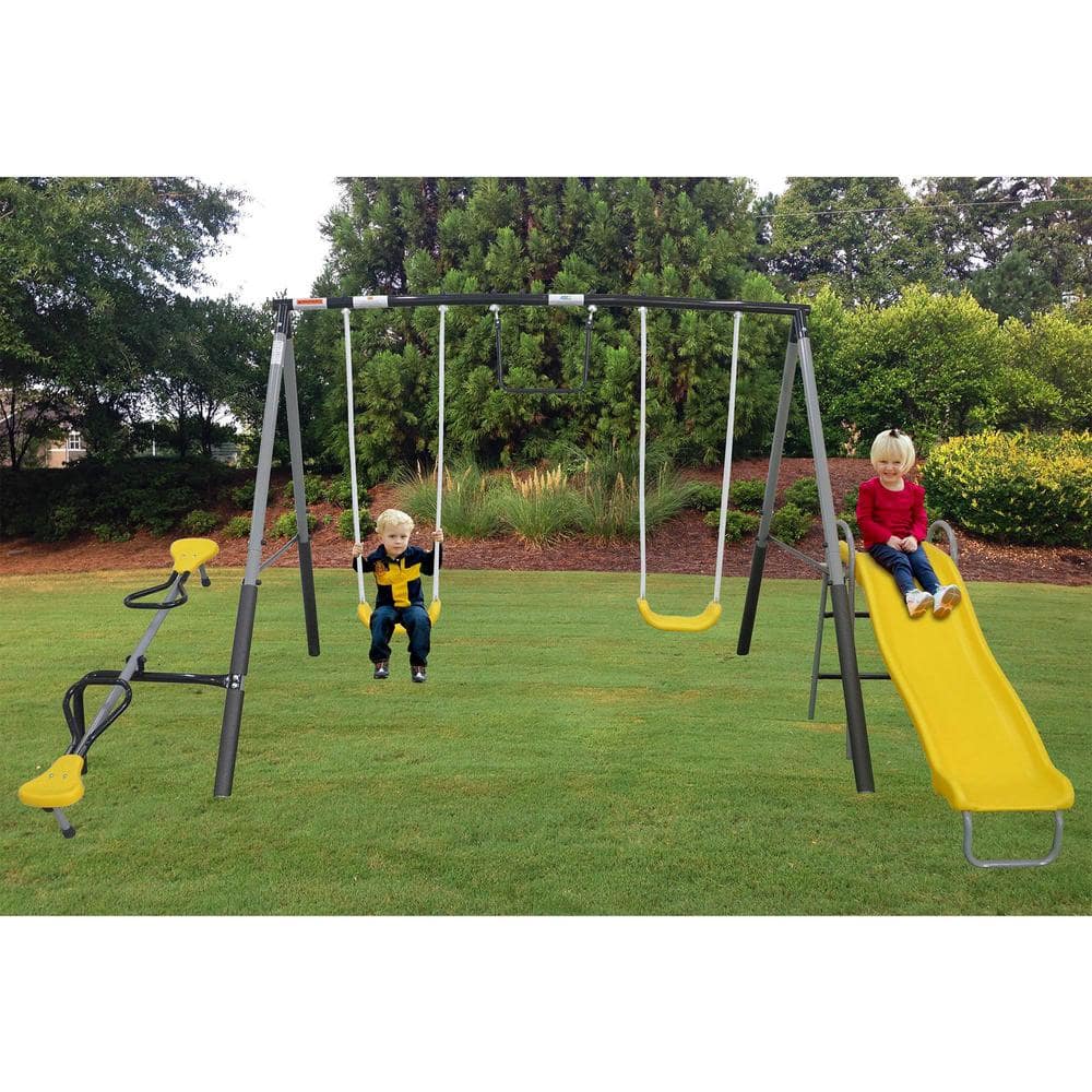 Titan Outdoor Playground Swing Set with Yellow Slide and Steel Frame