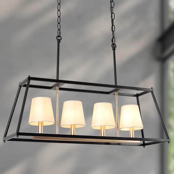 Zevni 4-Light Black Linear Chandelier Lighting, Fabric Shades Island Pendant Light, Modern Brass Gold Hanging Light
