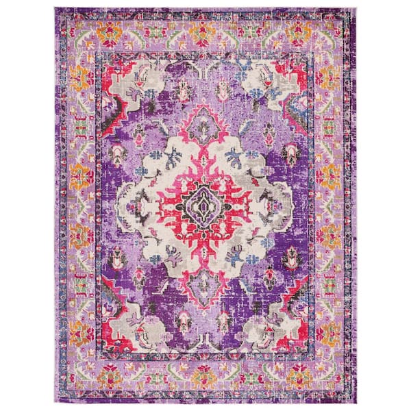 Monaco Violet/Fuchsia 9 ft. x 12 ft. Distressed Border Medallion Area Rug