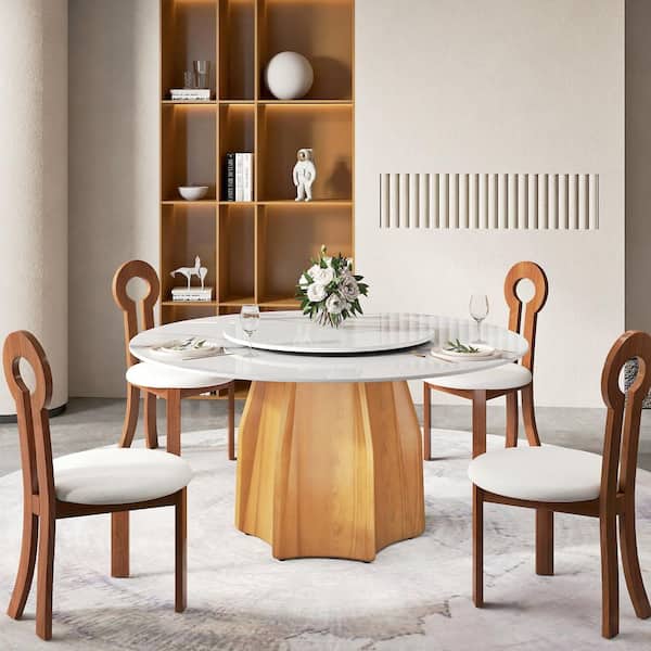 59.05 in. White Round Rotary Lazy Susan Dining Table Sintered Stone Tabletop with Walnut Pedestal Base (Seats-8)