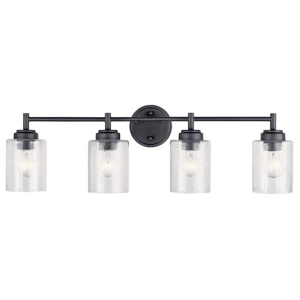 Winslow 30 in. 4-Light Black Contemporary Bathroom Vanity Light with Seeded Glass Shade