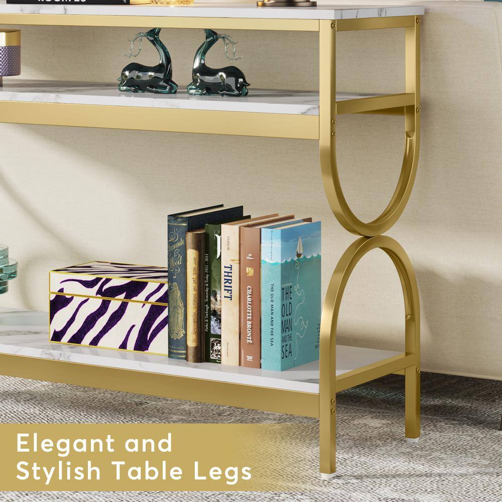 White and Gold Faux Marble 55" Console Table with Storage Shelves