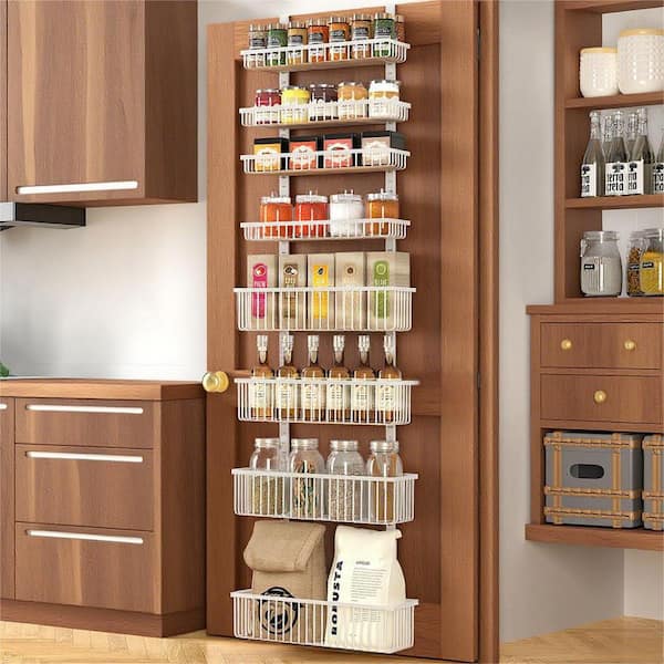 White Over The Door Pantry Organizer, Pantry Organization and Storage, Metal Hanging Spice Rack Shelves Door
