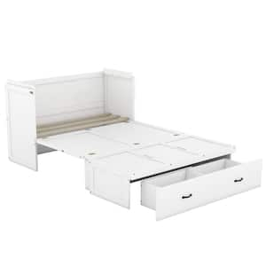 White Wood Frame Queen Size Murphy Bed all Bed with drawer and a set of Sockets USB Ports