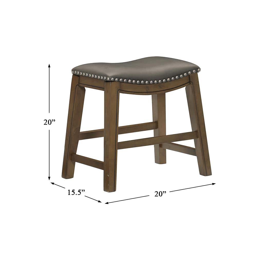 Modern Gray Leather Saddle Counter Stool with Nailhead Trim