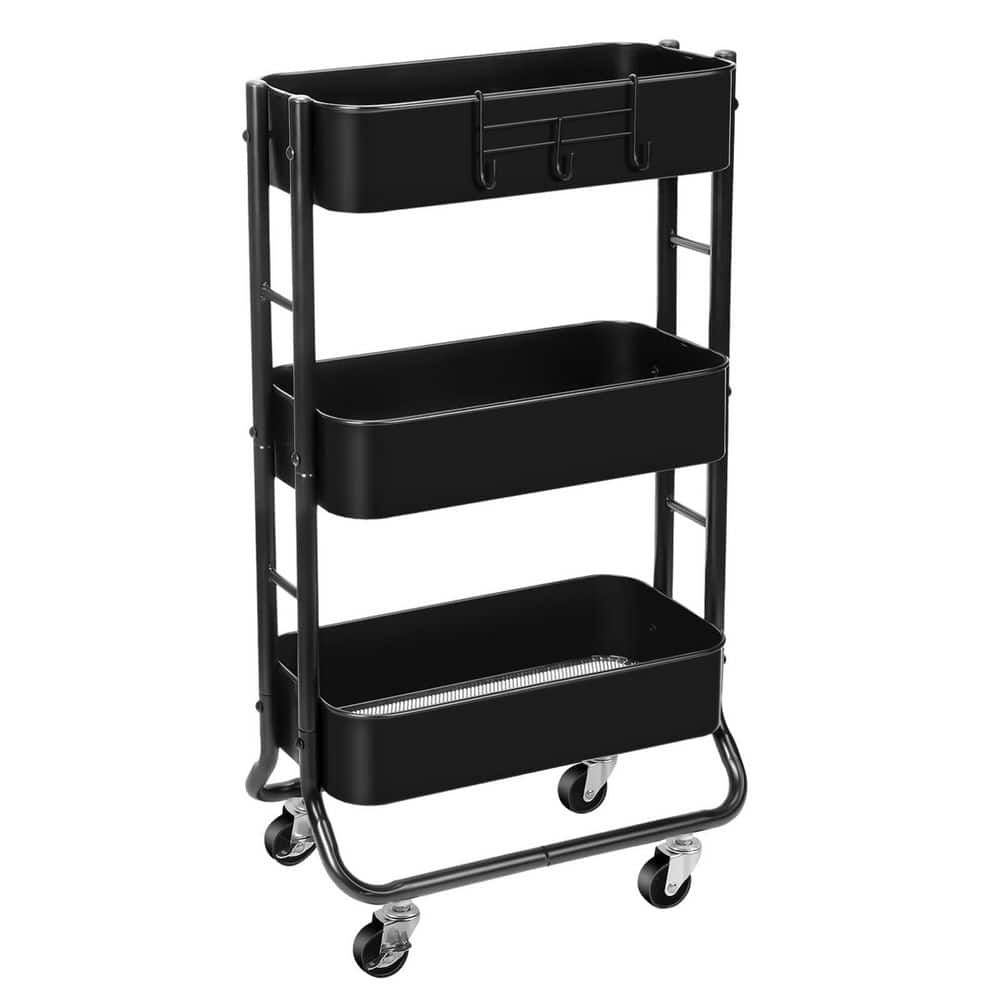 Black 3-Shelf Slim Rolling Utility Cart with Extra Hook, Metal Mesh Baskets, Narrow Storage Organizer price history on PriceWatchPro