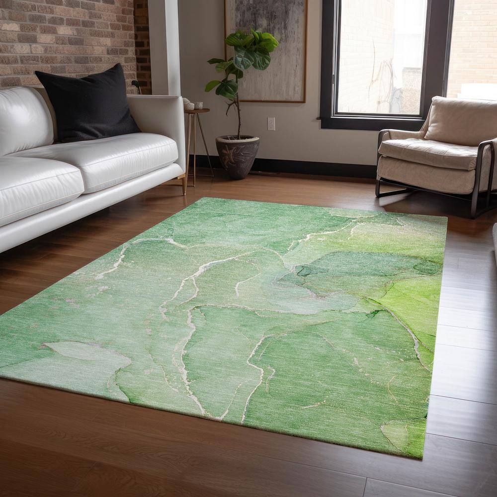 Green Watercolor Pattern Machine Washable Indoor Outdoor Rug