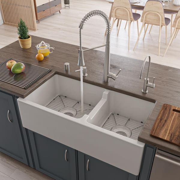 ALFI BRAND Smooth Farmhouse Apron Fireclay 36 in. Double Basin Kitchen Sink in White