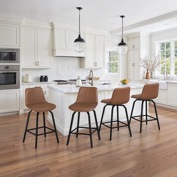OrangeOne 37 in. YANNIS Brown Faux Leather Swivel Bar Stool Metal