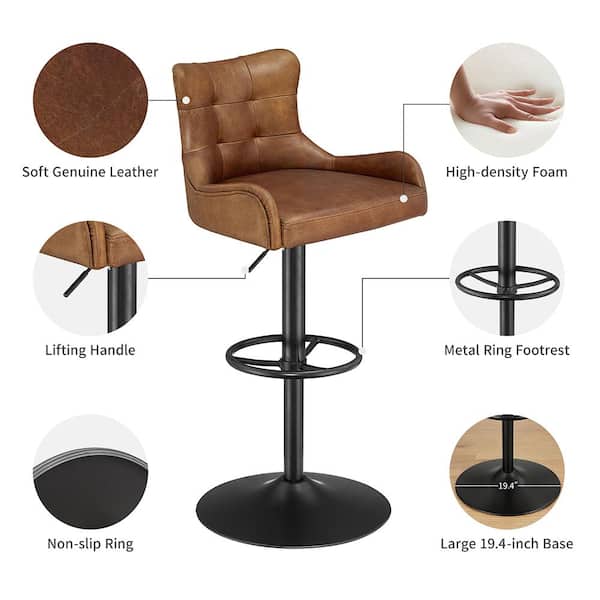 Art Leon Fiolo Cognac Adjustable 23.6 in Seat Height Genuine Leather Swivel Barstool with Metal Frame