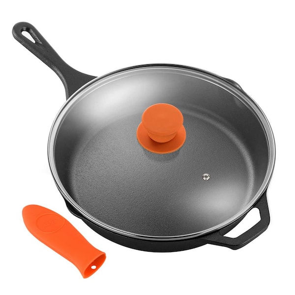 NutriChef 10 in. Pre-Seasoned Cast Iron Frying Pan with Glass Lid and Silicone Handle