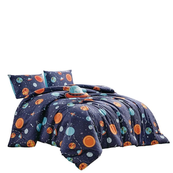 Shatex 4 Piece Full/Queen Size Bedding Comforter Set, Ultra Soft Polyester Elegant Bedding Comforters-Navy with Universe Hearts