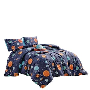 4 Piece Twin Size Bedding Comforter Set, Ultra Soft Polyester Elegant Bedding Comforters--Navy with Universe Hearts