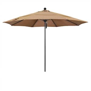 11 ft. Black Aluminum Commercial Market Patio Umbrella with Fiberglass Ribs and Pulley Lift in Terrace Sequoia Olefin