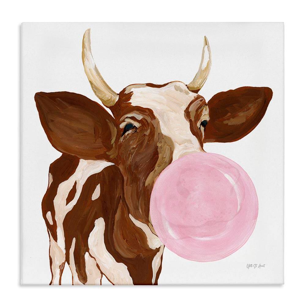 Happy Bubblegum Cow by Yvette St. Amant Unframed Animal Graphic Art Print 36 in. x 36 in. price history on PriceWatchPro