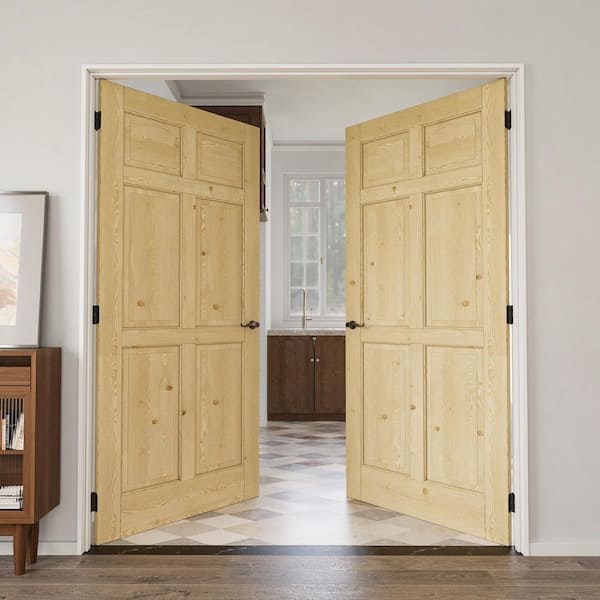 72 in. x 80 in. 6-Panel Universal Solid Core Unfinished Pine Wood Double Prehung Interior Door with Quick Assemble Jamb
