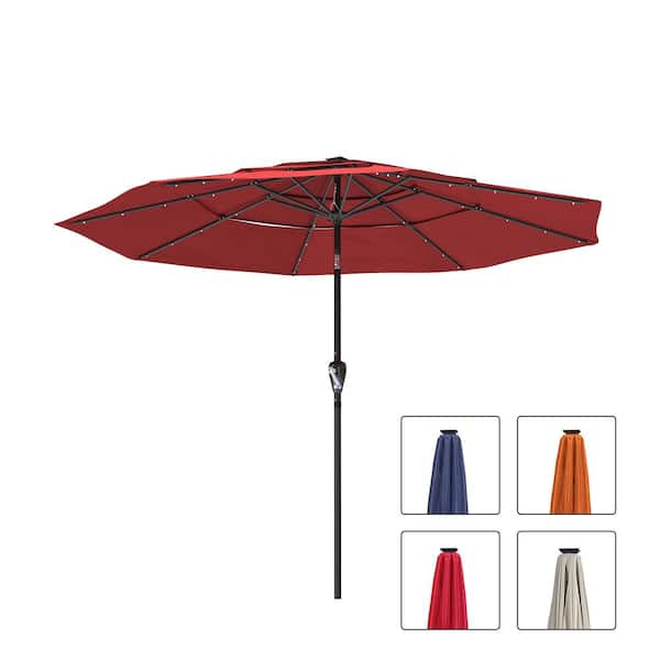Mondawe 10 ft. Aluminum Pole Market Tilt Patio Umbrella 3-Tiers Vented Solar LED Outdoor Umbrella in Burgundy