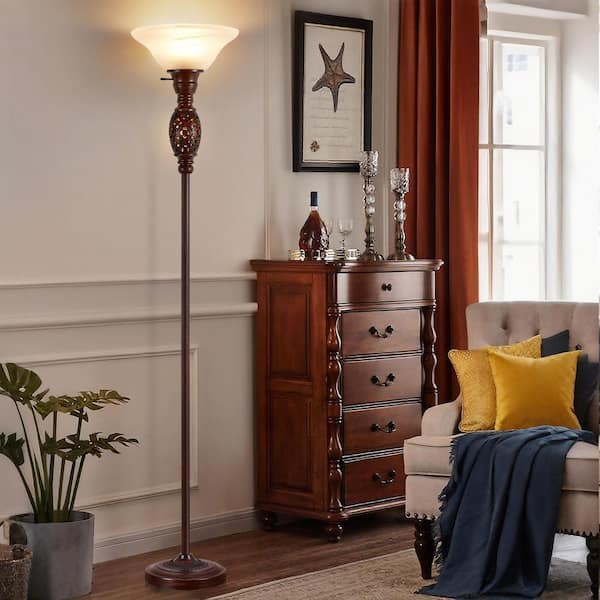 70 in. Black Torchiere Floor Lamp Victorian Style Standing Lamp for Living Room, Bedroom, Office and Etched Glass Shade