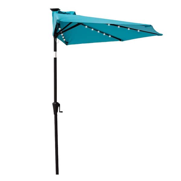 C-Hopetree 9 ft. Aluminum Market Solar Tilt Half Patio Umbrella with LED Lights in Aqua Blue Solution Dyed Polyester
