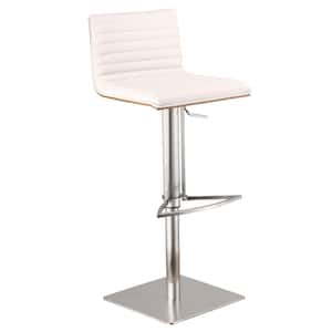 Haddy Adjustable Brushed Stainless Steel Bar Stool in White Faux Leather with Walnut Back