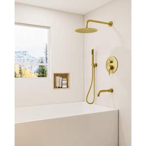 Double Handles 3-Spray 10 in. Wall Mount Shower Head Tub and Shower Faucet 2.5 GPM in Brushed Gold(Valve Included)