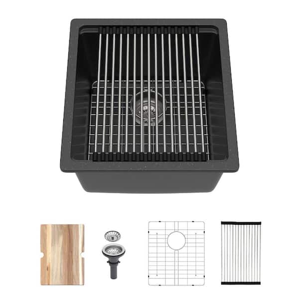 17 in. Undermount Singel Bowl 16 Gauge Black Quartz Kitchen Sink with Cutting Board, Strainer