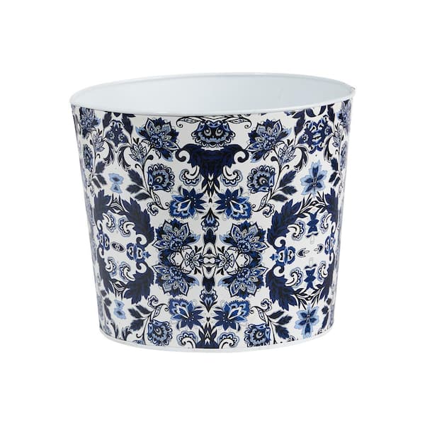 Nearly Natural 12 in. Oriental Blue and White Classic Round Metal Planter