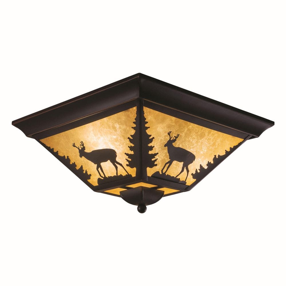 Burnished Bronze Rustic Deer Flush Mount Ceiling Light with Tiffany Glass